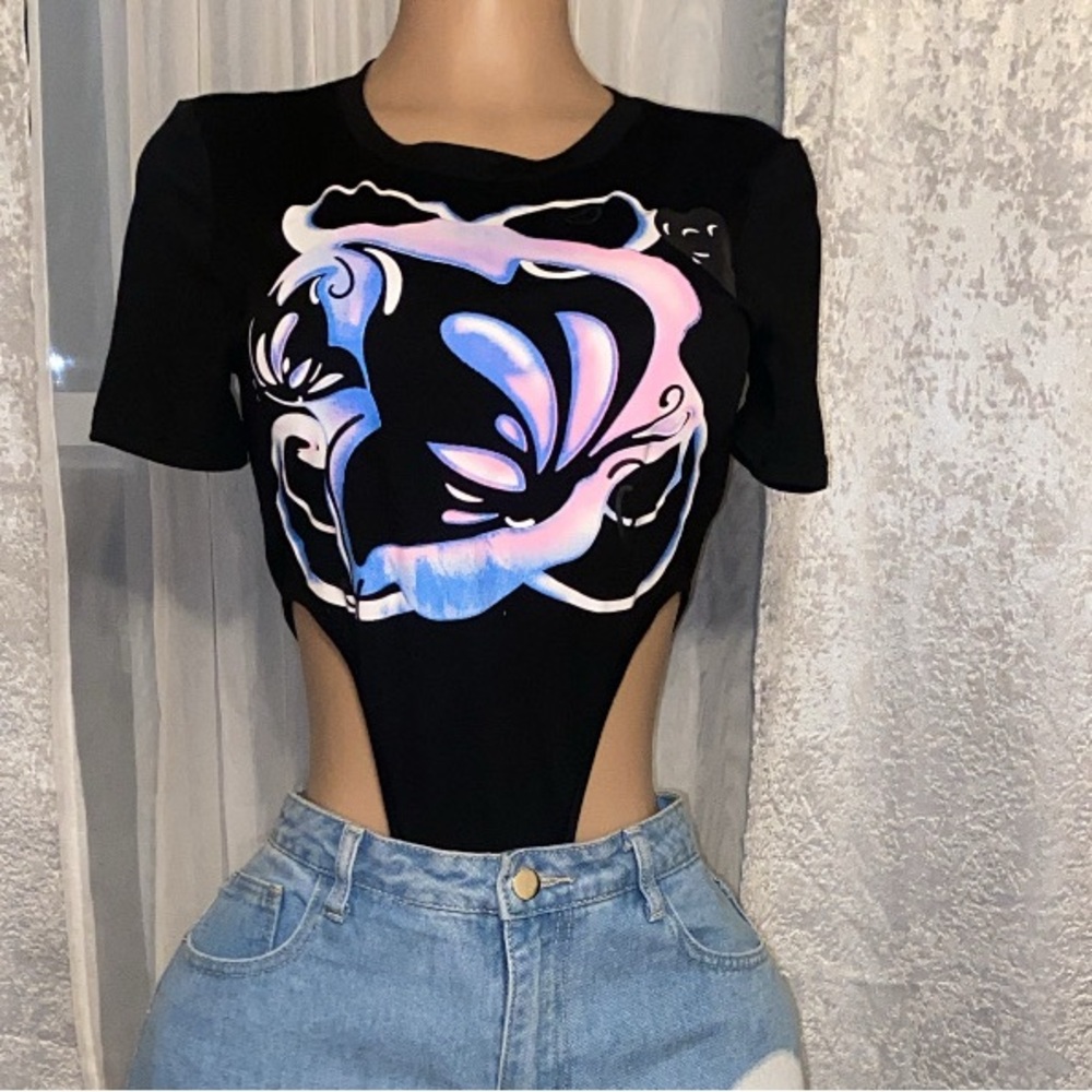 Chic Black Cutout bodysuit with Artistic Design